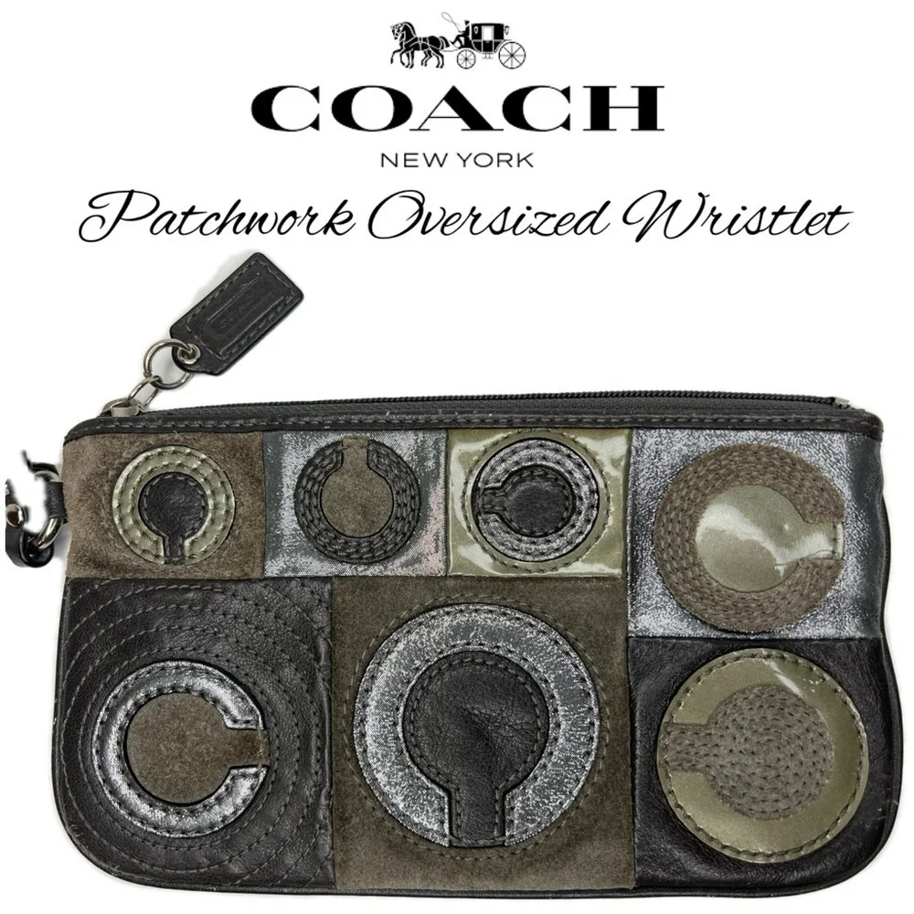 Coach Suede and Leather Pathwork Oversized Wristlet Bag